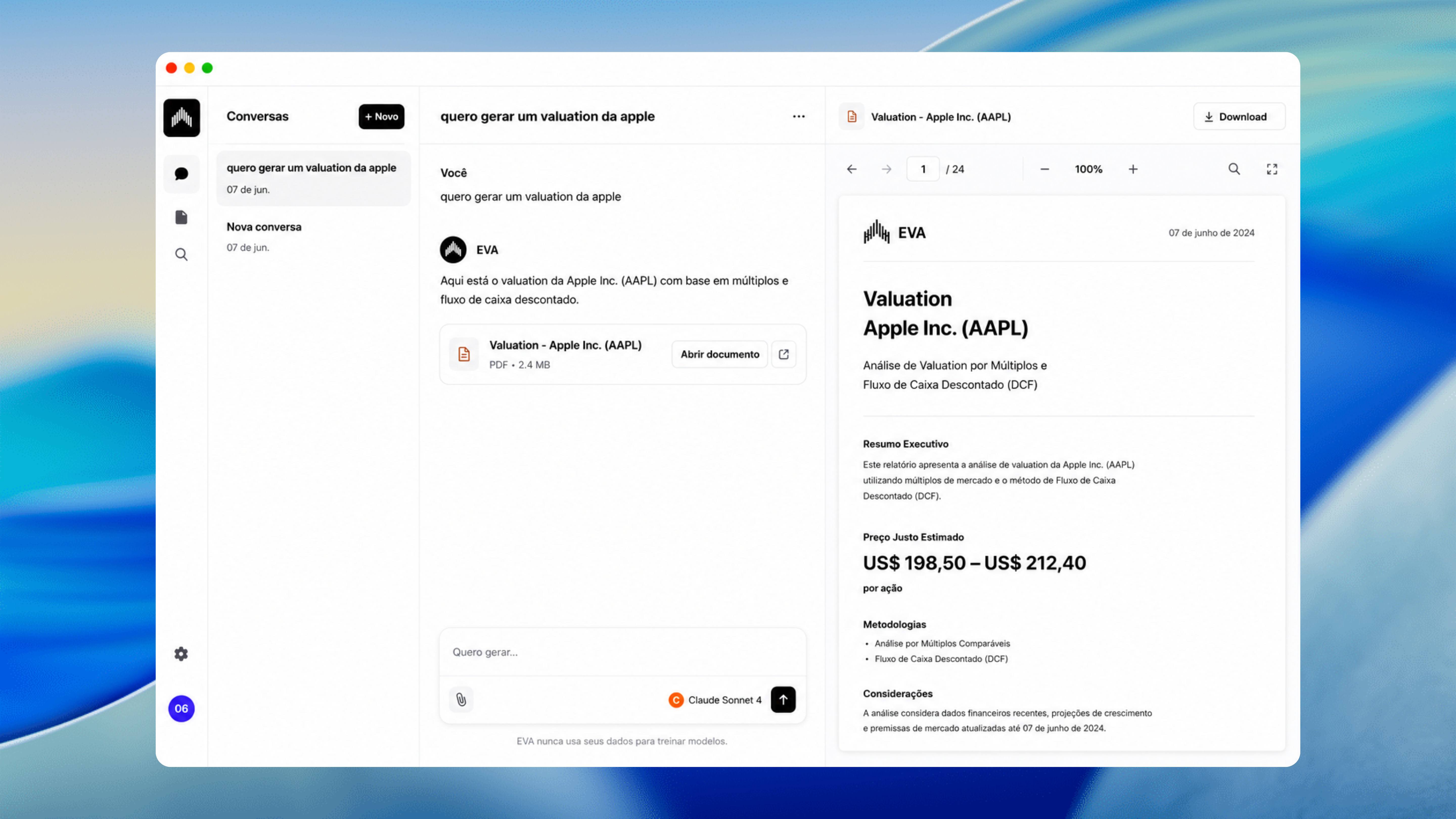 Interface da EVA gerando um valuation da Apple